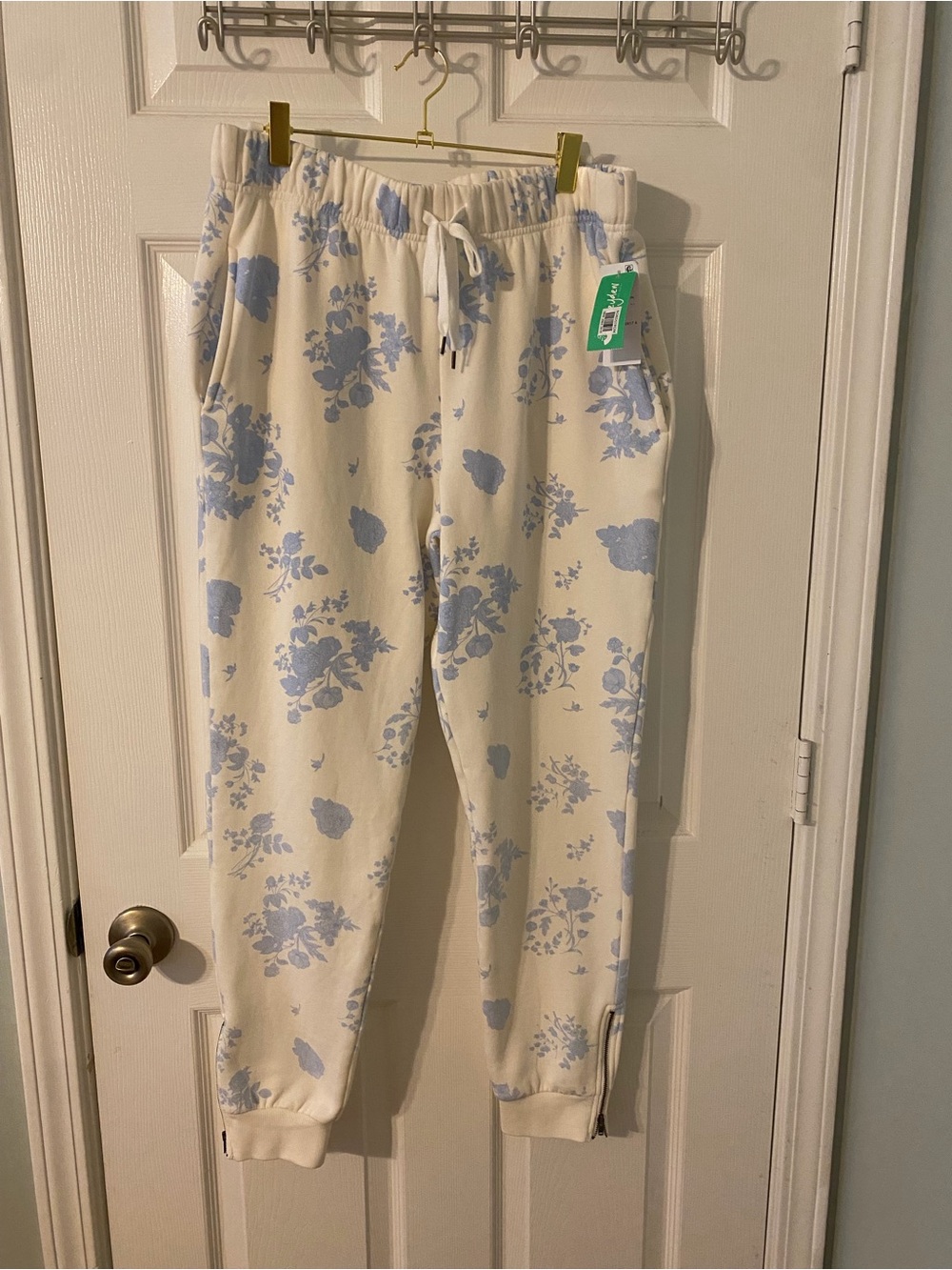 Cream Floral Jogger Sweatpants with Light Blue Print